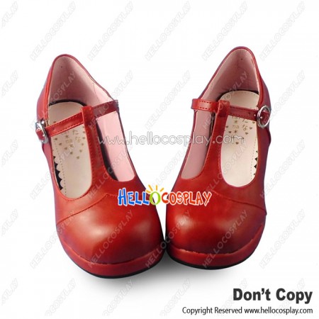 Princess Lolita Shoes Wine Red Matte T Strap Chunky Heel