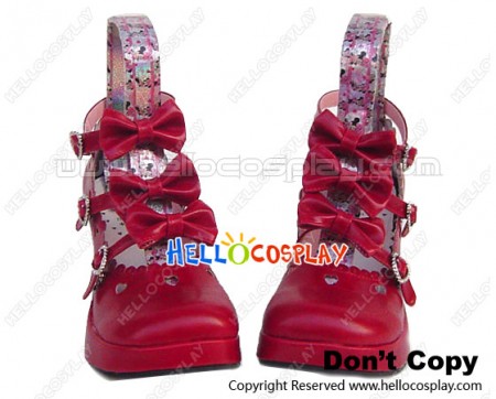 Red Three Bows Straps Chunky Princess Lolita Shoes