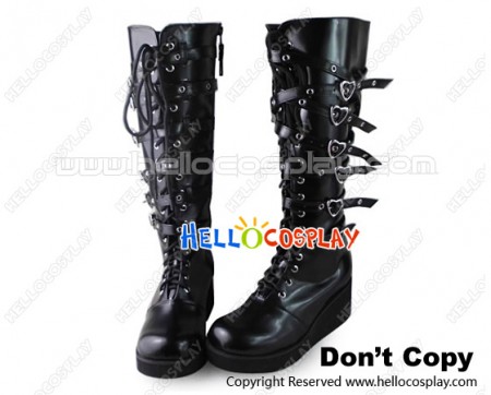 Punk Lolita Boots Leg Straps Heart Shaped Buckles Rivet Lace Up Wedge Heel