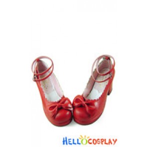 Red Ruffle Bow Contract Chunky Sweet Lolita Shoes