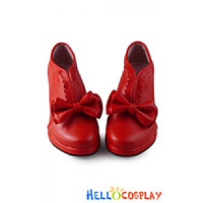 Lolita Shoes Sweet Red Matte Punk Lace Bow High Chunky