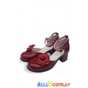 Wine Red Alice Flower Ankle Strap Chunky Sweet Lolita Shoes