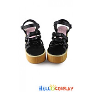 Punk Lolita Shoes Black Matt Zipper Wood Bottom Wedge Sandals