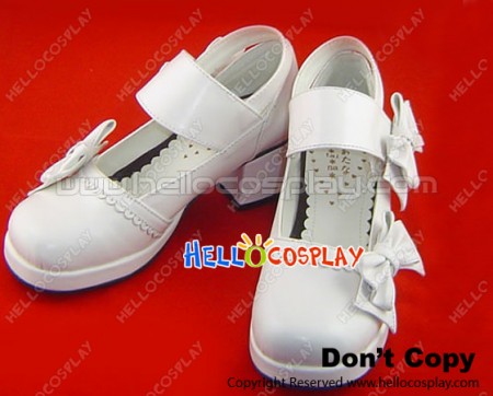 Matt White Chunky Bow Princess Lolita Shoes With Ankle Strap