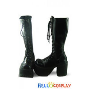 Black Lace Up With Zipper Chunky Queen Punk Lolita Boots