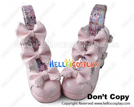 Princess Lolita Shoes Chunky Pink Mirror Three Bows Lace Ankle Strap