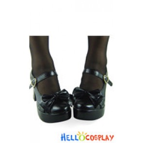 Matte Black Bow And Ruffle Chunky Sweet Lolita Shoes