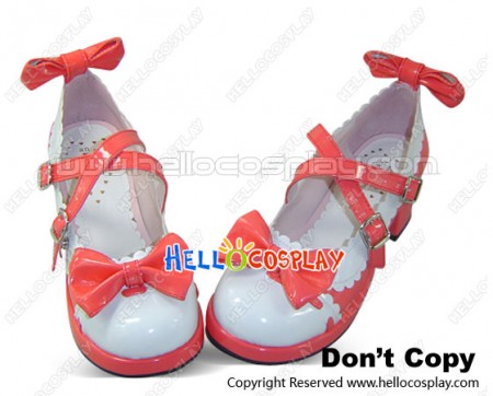 Red Color Blocking Bow PU Leather Chunky Heel Lolita Shoes