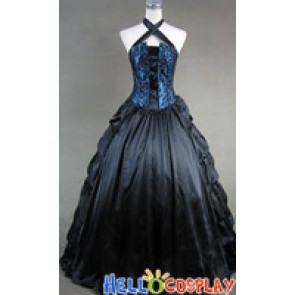 Victorian Gothic Satin Brocaded Frill Dress Gown Prom Cosplay