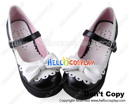Sweet Lolita Shoes Princess Matte Black White Lace Single Strap Bow Wedge