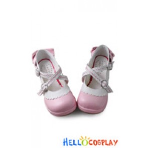 Princess Lolita Shoes Sweet Pink White Lace Crossing Straps Round Buckles