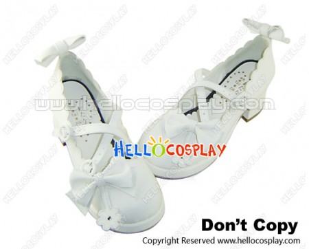 Matt White Flank Detachable Bow Chunky Princess Lolita Shoes