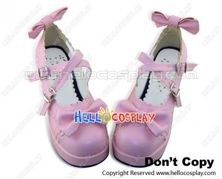 Cute Pink PU Leather Bow Lace Chunky Heel Lolita Shoes