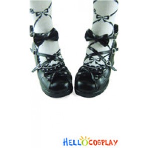 Black Ankle Straps With Bows Heart Shaped Buckle Lolita Shoes