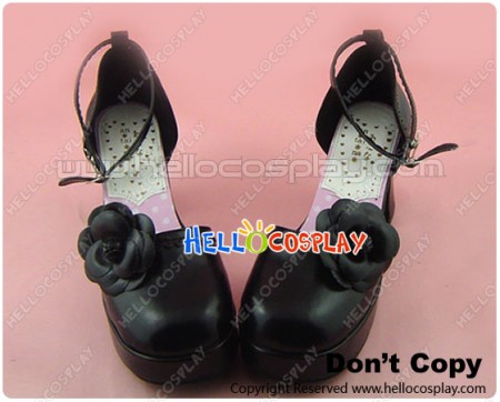 Black Flower Ankle Strap Chunky Sweet Lolita Shoes