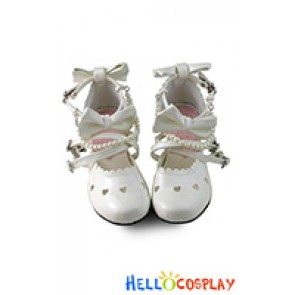 Sweet Lolita Shoes White Crossing Straps Pearl Chain Scalloped