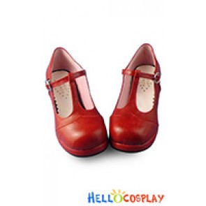 Princess Lolita Shoes Wine Red Matte T Strap Chunky Heel