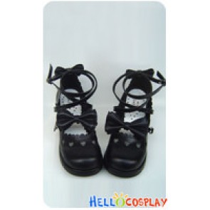 Matte Black Bow Crossing Straps Chunky Princess Lolita Shoes
