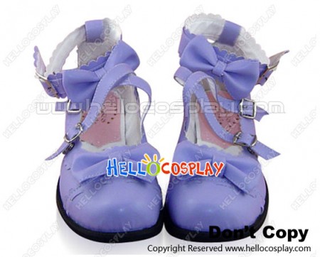 Purple Ruffle Bow Crossing Straps Chunky Sweet Lolita Shoes