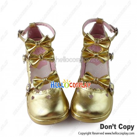 Princess Lolita Shoes Gold Three Bows Straps Chunky Heart Shaped Diamond Buckles