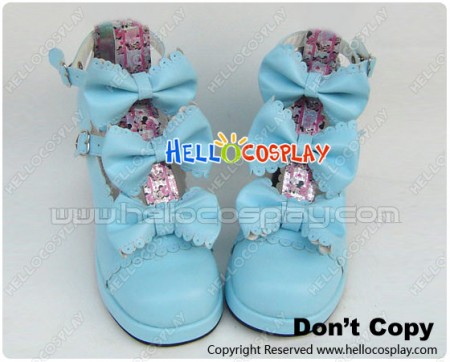 Blue Three Bows Ruffle Chunky Princess Lolita Shoes