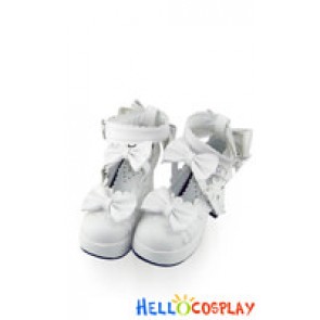 White Bows Heart Shaped Buckle Chunky Princess Lolita Shoes
