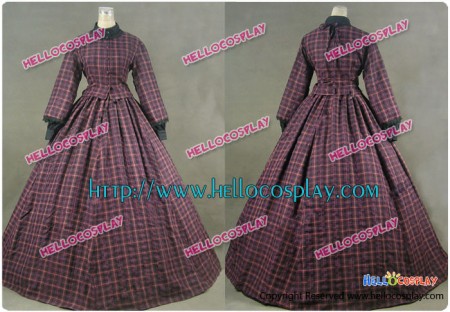 Civil War Victorian Cotton Blend Tartan Day Dress Gall Gown