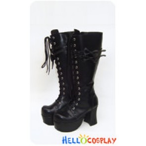 Matte Black Double Bows Straps Chunky Princess Lolita Boots