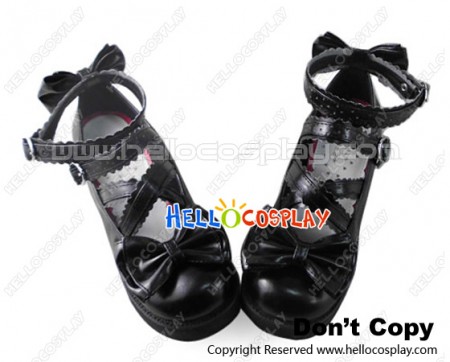 Princess Lolita Shoes PU Platform Black Matte Ankle Straps Lace Buckles Bows