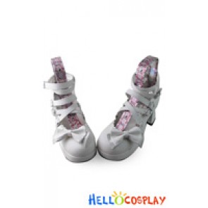 Sweet Lolita Shoes Chunky White Matte Crossing Straps Heart Shaped Buckles Bow