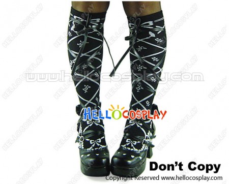 Black Long Lace Leg Straps Chunky Princess Lolita Shoes