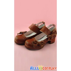 Light Brown Chunky Bow Princess Lolita Shoes With Ankle Strap