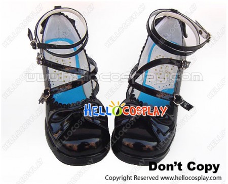 Mirror Black Ruffle Bows Sweet Chunky Princess Lolita Shoes