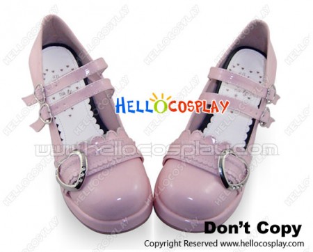 Mirror Pink Two Straps Ruffle Chunky Princess Lolita Shoes