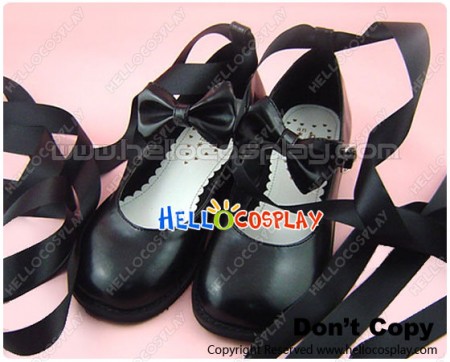Black Bow Long Satin Straps Flat Princess Lolita Shoes