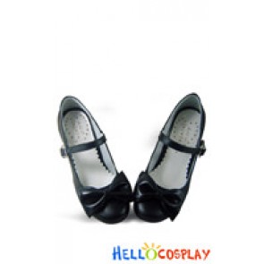 Matte Black Bow Contract Chunky Sweet Lolita Shoes
