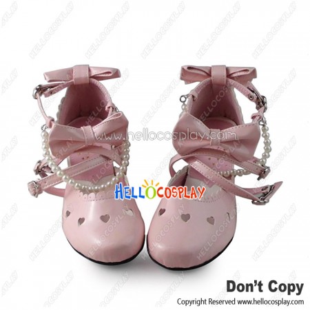 Sweet Lolita Shoes Pink Chunky Crossing Straps Pearl Chain Scalloped