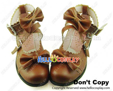 Light Brown Ruffle Bow Crossing Straps Chunky Sweet Lolita Shoes