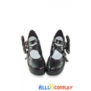 Matte Black Instep Straps Bow Chunky Punk Lolita Shoes