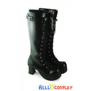 Black Lace Up Buckles Chunky Punk Lolita Boots