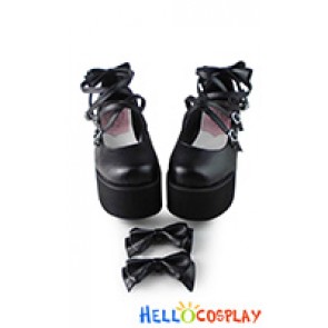 Princess Lolita Shoes Black Matte Sweet Bows Crossing Straps Heart Shaped Buckles