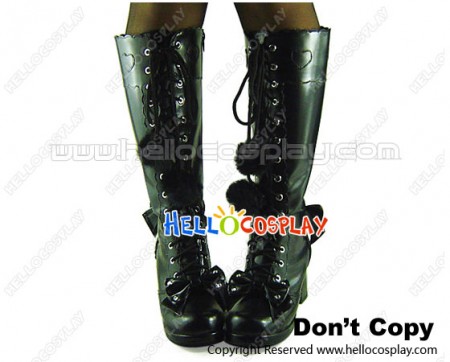 Matte Black Bows Shoelace Ruffle Chunky Princess Lolita Boots