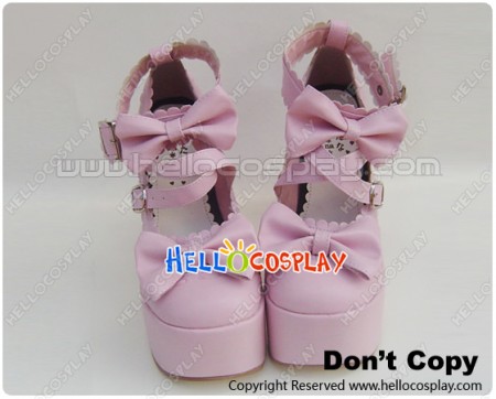 Pink Bow Crossing Straps Ruffle Chunky Princess Lolita Shoes