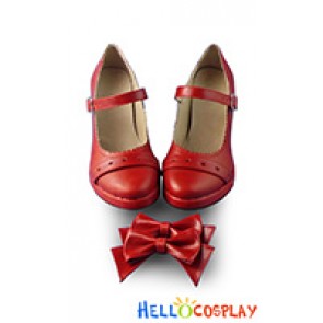 Lolita Shoes Sweet Wine Red Chunky Princess Lace Bow Single Strap