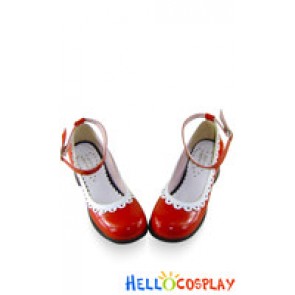 Red White Ruffle Ankle Strap Chunky Sweet Lolita Shoes