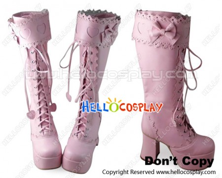 Princess Lolita Boots Pink Heart Ruffle Chunky Long Heart Shaped Shoelace