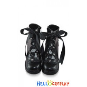 Black Satin Lace Ruffle Chunky Princess Lolita Short Boots