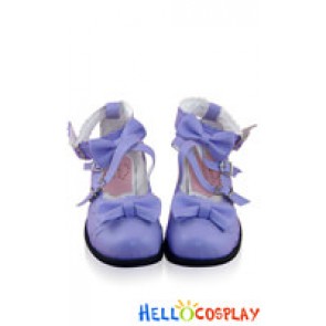 Purple Ruffle Bow Crossing Straps Chunky Sweet Lolita Shoes