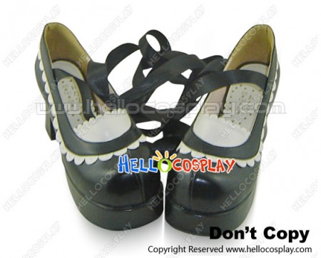 Black White Ruffle Satin Lace Up Chunky Sweet Lolita Shoes