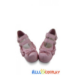 Matt Pink Bows Double Ruffle Straps Chunky Princess Lolita Shoes